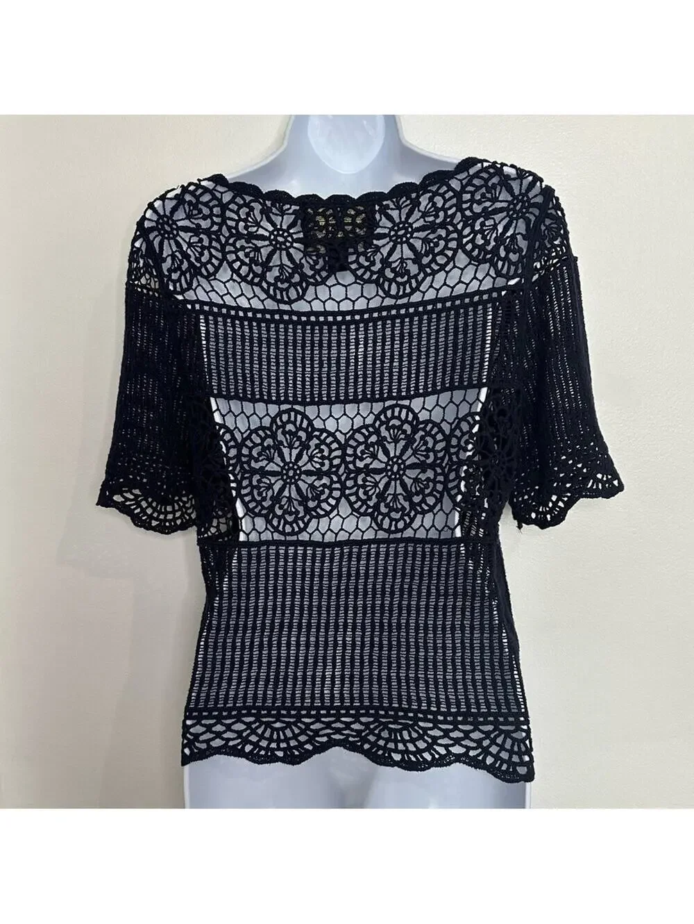 Anthropologie James Coviello Small Navy Blue Open Crochet Cotton Short Sleeve